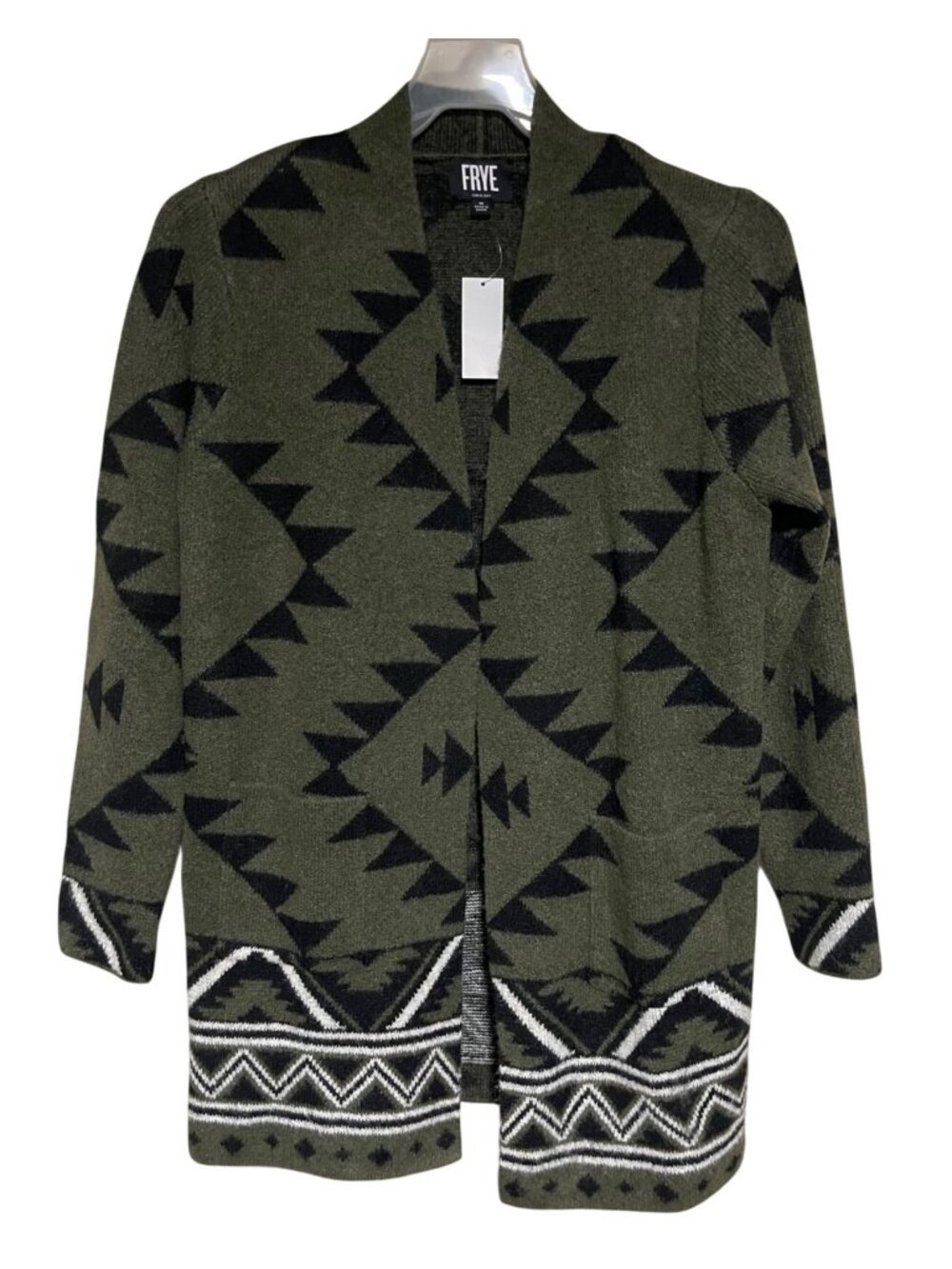Frye The Cozy Cardigan Womens Open Front Duster Sweater Tribal Pattern Green M